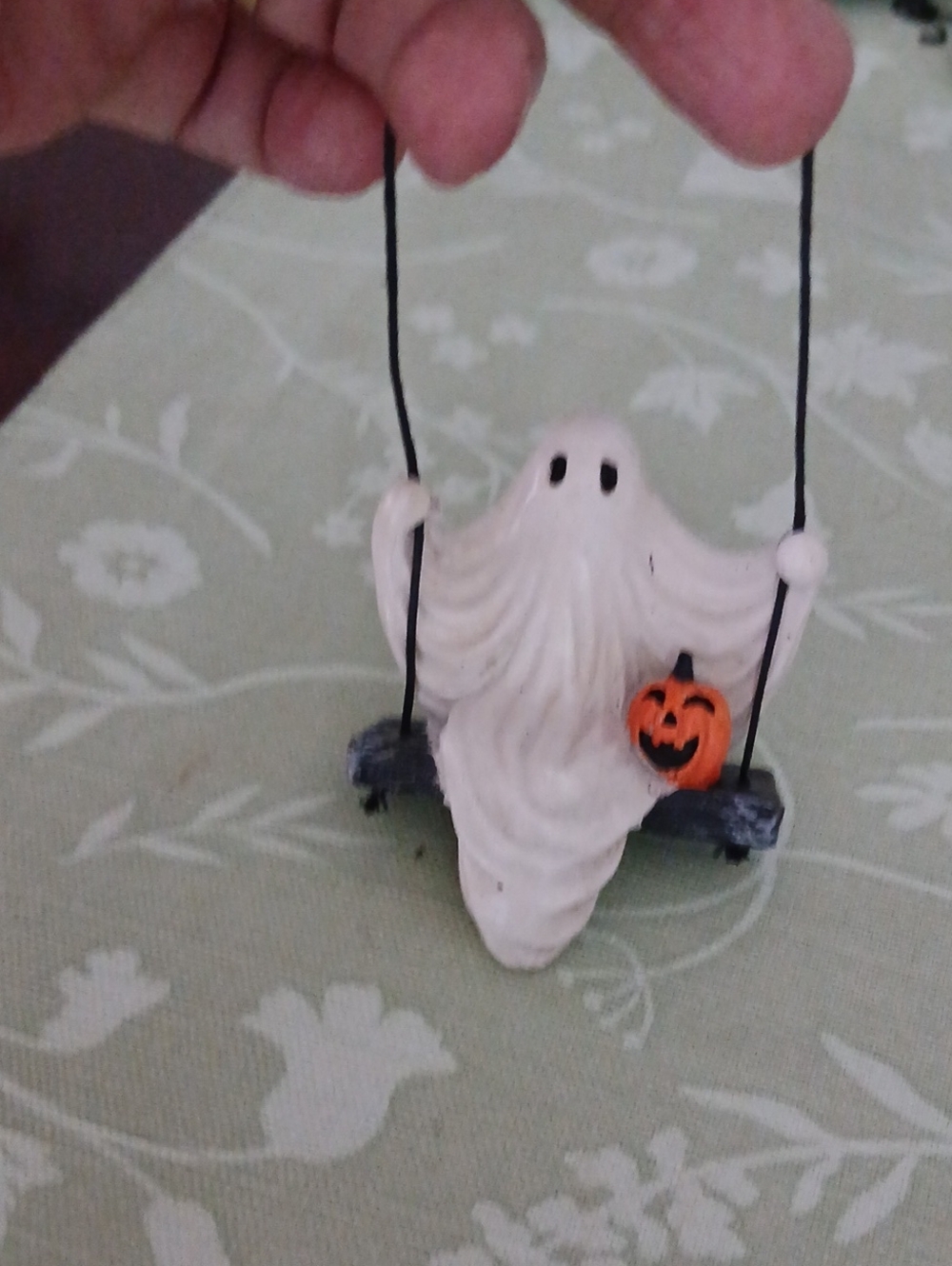 Cracker Barrel White Ghost on Swing with Orange Pumpkin Ornament